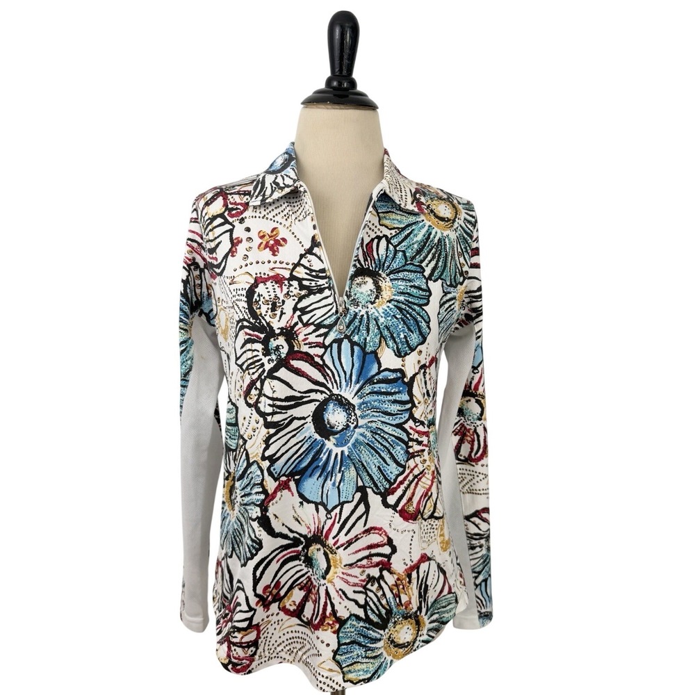 SAN SOLEIL Women's 1/4 zip Shirt Top Small UPF 50 Floral Mesh Sun Protection